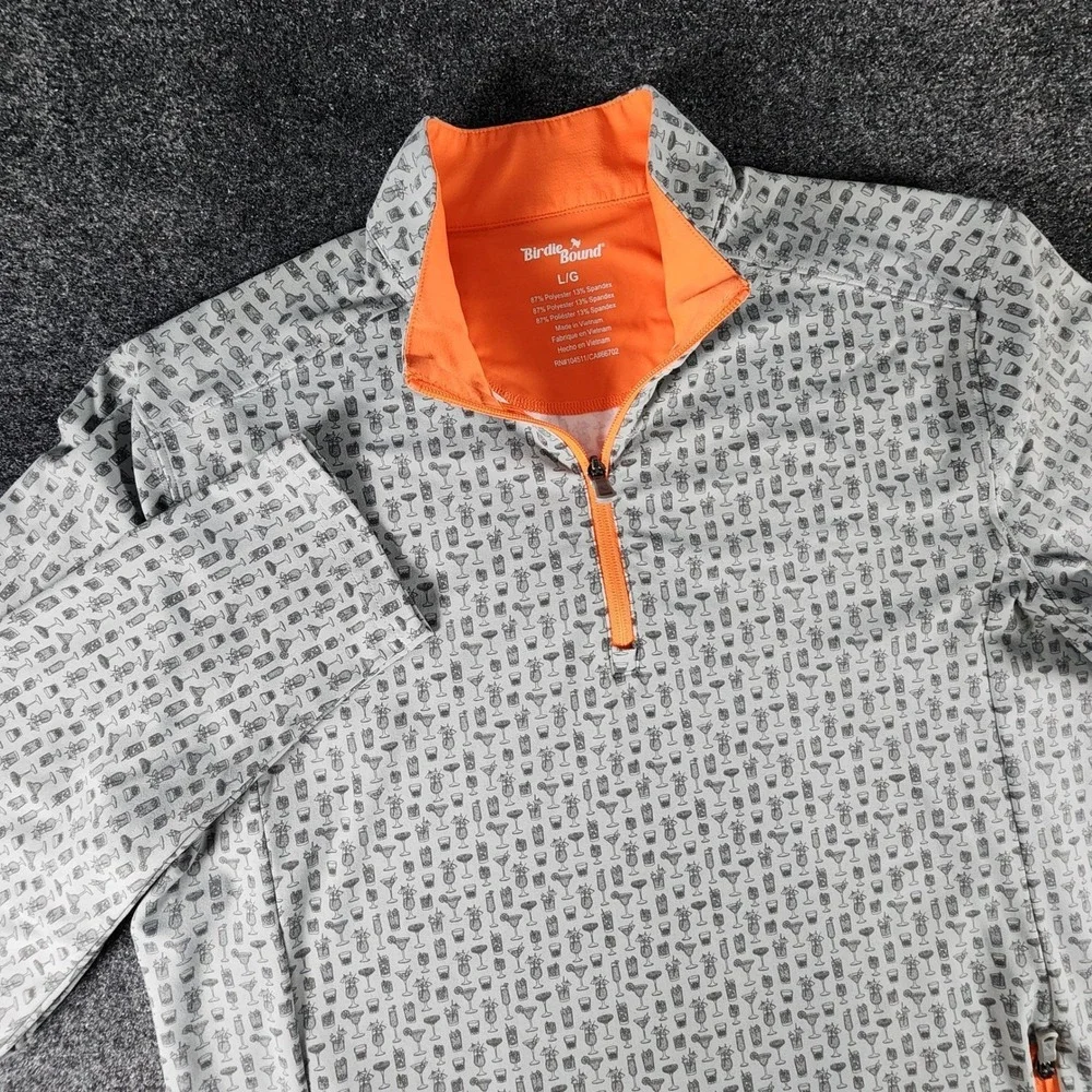 Birdie Bound Mens Large Quarter Zip Pullover Gray Orange Cocktail Print Golf L